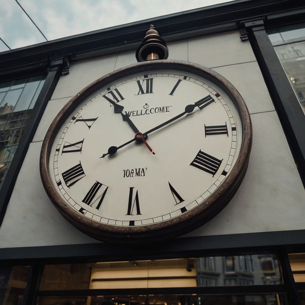Illustration of a clock showing time or a welcome sign, symbolizing arrival.